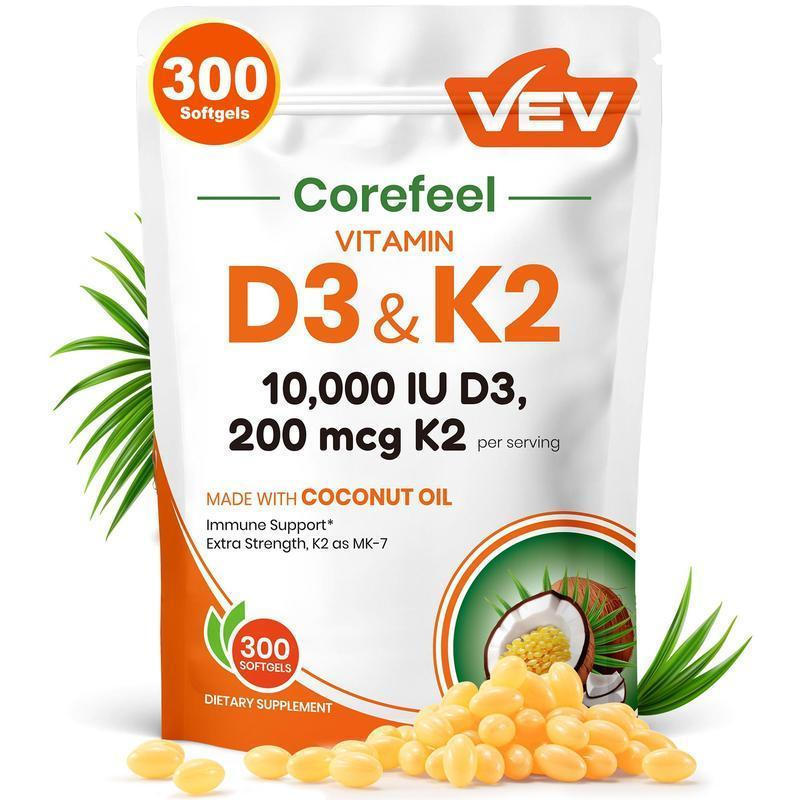 VEV Vitamin D3 K2 10000 IU, 300 Virgin Coconut Oil Softgels, 2 in 1 Vitamins  D & K, Dietary al Pack