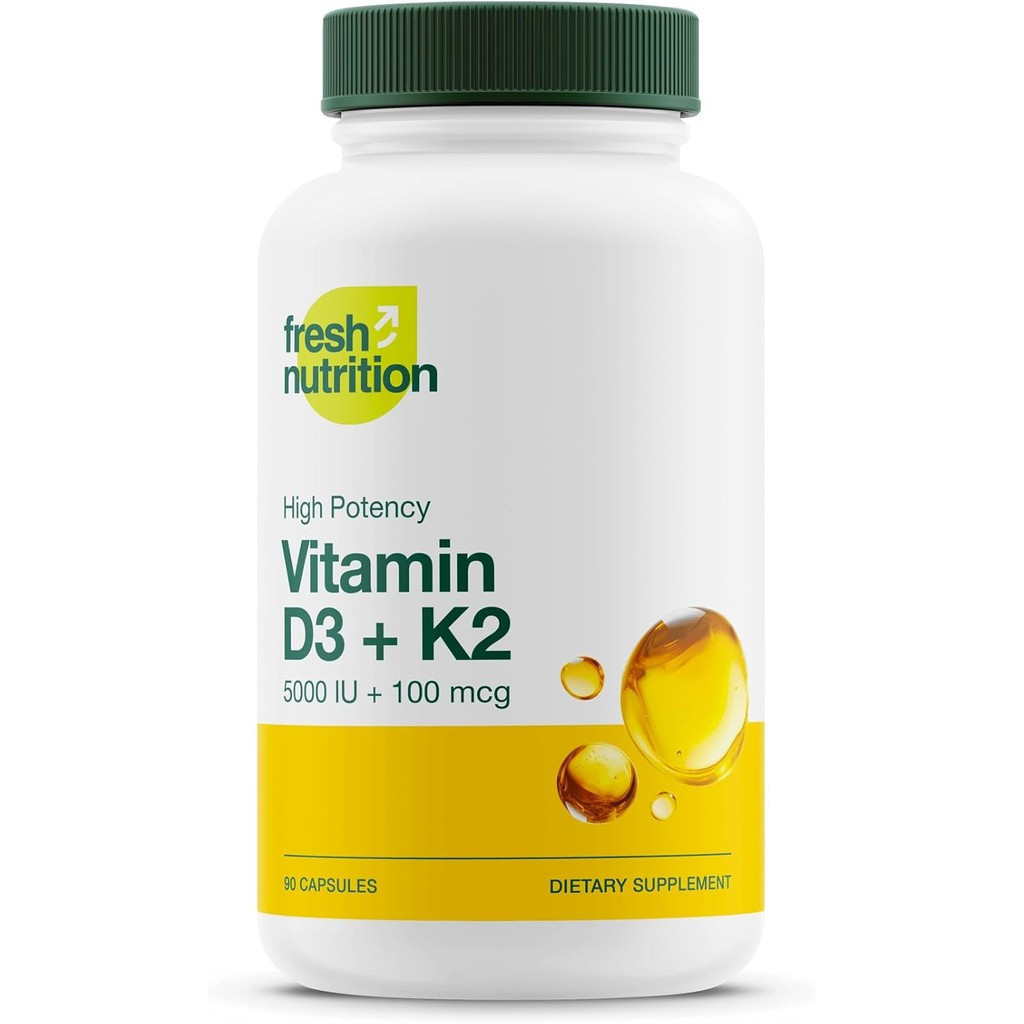 Kapsul Vitamin D3+K2 Vegetarian Berkhasiat - 5000 IU D3 + 100mcg K2 (dalam bentuk MK-7 untuk penyerapan optimum) - Meningkatkan kesihatan imun, kesihatan tulang, dan kesejahteraan emosi - Bukan GMO - 90 kapsul, 3 kapsul setiap kapsul