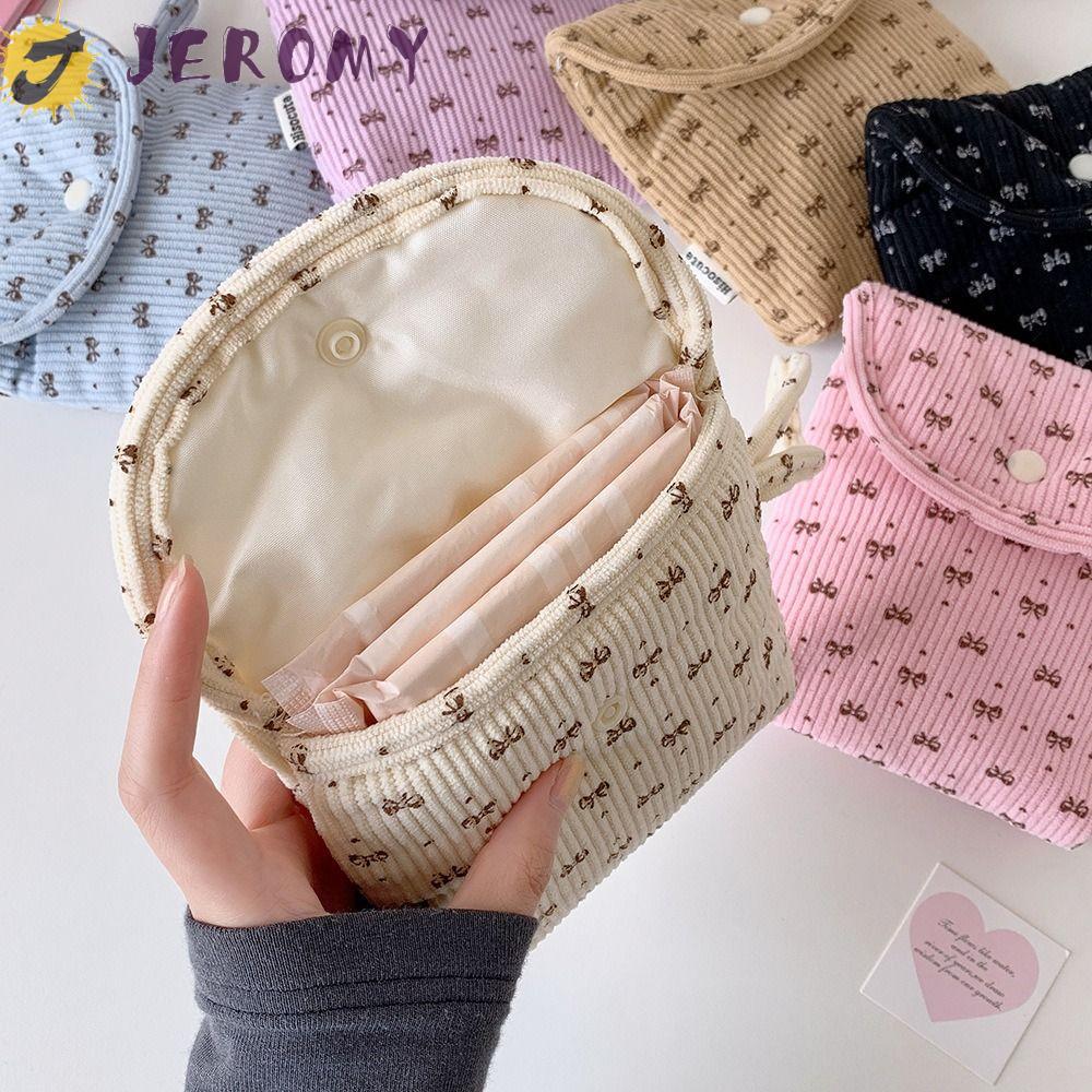 JEROMY Sanitary Napkin Storage Bag, Large Capacity Bowknot Corduroy Bow Makeup Bag, Cute Portable Korean Style Small Item Bag Mini Cosmetic Bag Student