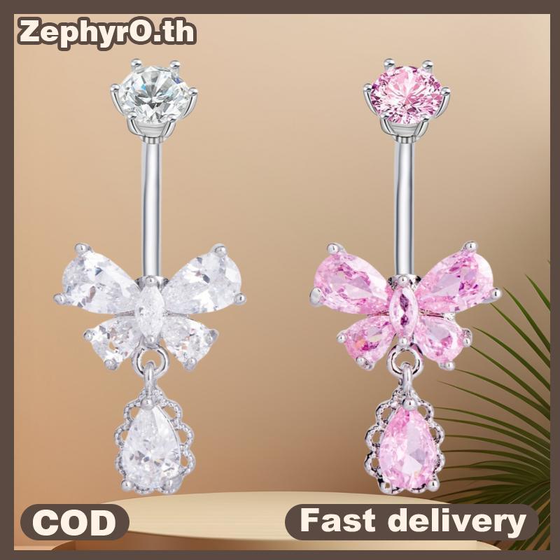 null Fashion Zircon Belly Button Rings Stainless Steel Butterfly Heart Navel Piercing Shiny Crystal Belly Ring For Women Body Jewelry null