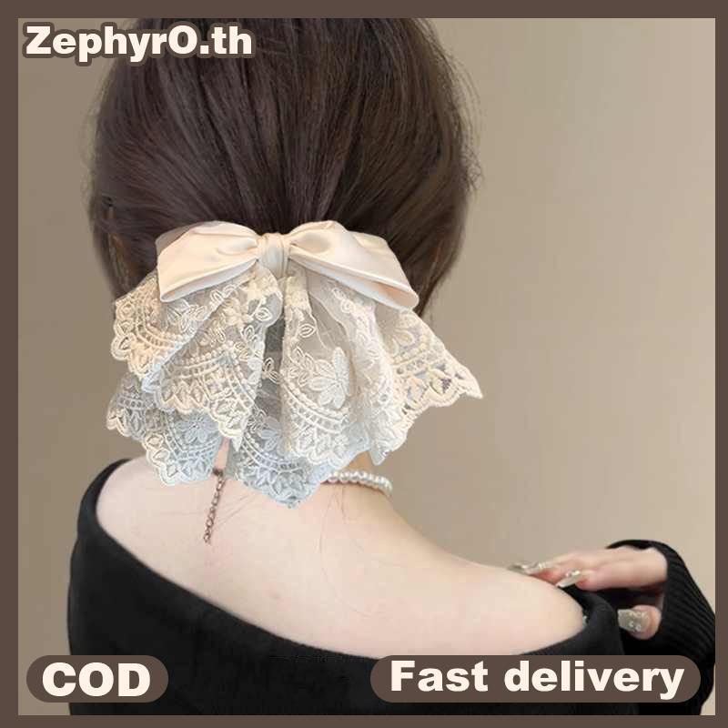 null French Elegant Ballet Style Lace Satin Bow Ponytail Hair Clip, Gentle And Sweet Shark Clip Hair Ornament On The Ba Of Head null
