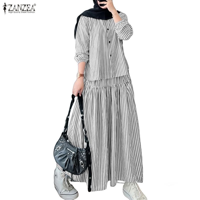 ZANZEA Women Muslim Casual Crew Neck Long Sleeve Button Up Elastic Waist A-Line Stripe Two-Piece Outfits