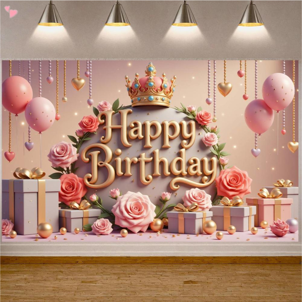 Royal Rose Themed Happy Birthday Backdrop Banner Elegant Party Decoration In Pink and Gold Birthday Banner Birthday Background
