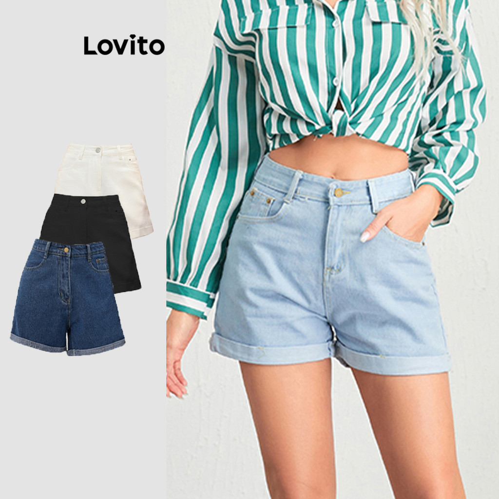 LVT-112 Lovito Casual Denim Basic Pocket Roll Up Pambahay Women Shorts L10960 (Light Blue/Dark Blue/White)简约牛仔短裤