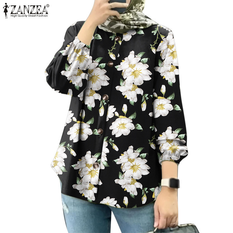 ZANZEAWomenMuslim Fashionable Puff Sleeve Printed Loose Button Blouses