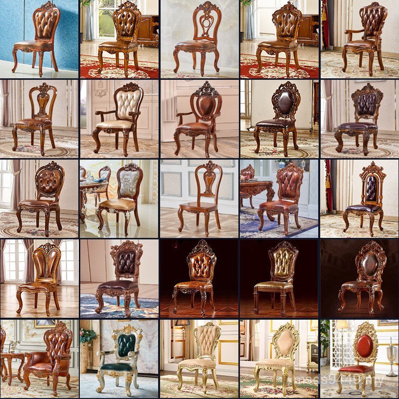 Chair Yuegang Full Dining Chair Chair Study Solid Wood American Restaurant Backrest European Style Book Genuine Leather Furniture Leisure Chair Carved 1SGR