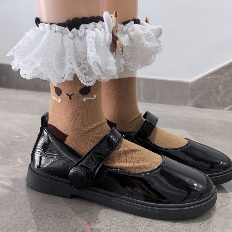 Fat Meiyi 1 Pair Princess Socks Middle Tube Chocolate Female Cute Lolita Lace Bear Bowknot Coffee Color Cotton Adult Socks-13693.