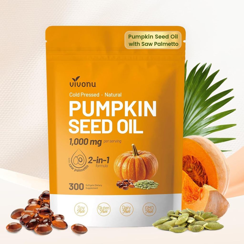VivoNu Pumpkin Seed Oil with Saw Palmetto Capsules | Cold Pressed, Pure Virgin Oil, Essential Fatty Acids & Phytosterols | 300 SoftgelsSupports Hair, Urinary, Bladder &  Health | N