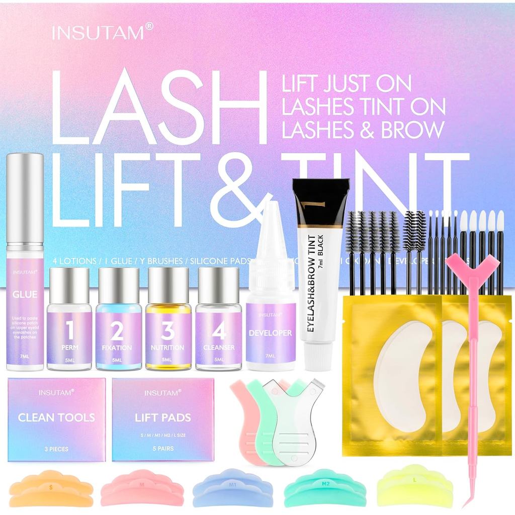 Kit Lash Lift Profesional: Set Perm Bulu Mata & Kening Hitam Separuh Kekal - Kualiti Salon untuk Laminasi Bulu Mata di Rumah untuk Wanita (Hitam)