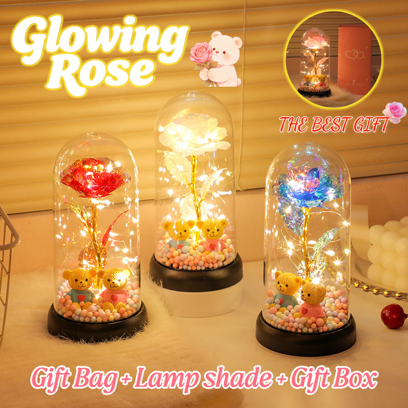 Glowing Roses Bear Eternal Flowers with Bag Box Lampshade Birthday Mother's Day Valentine's Day Gift