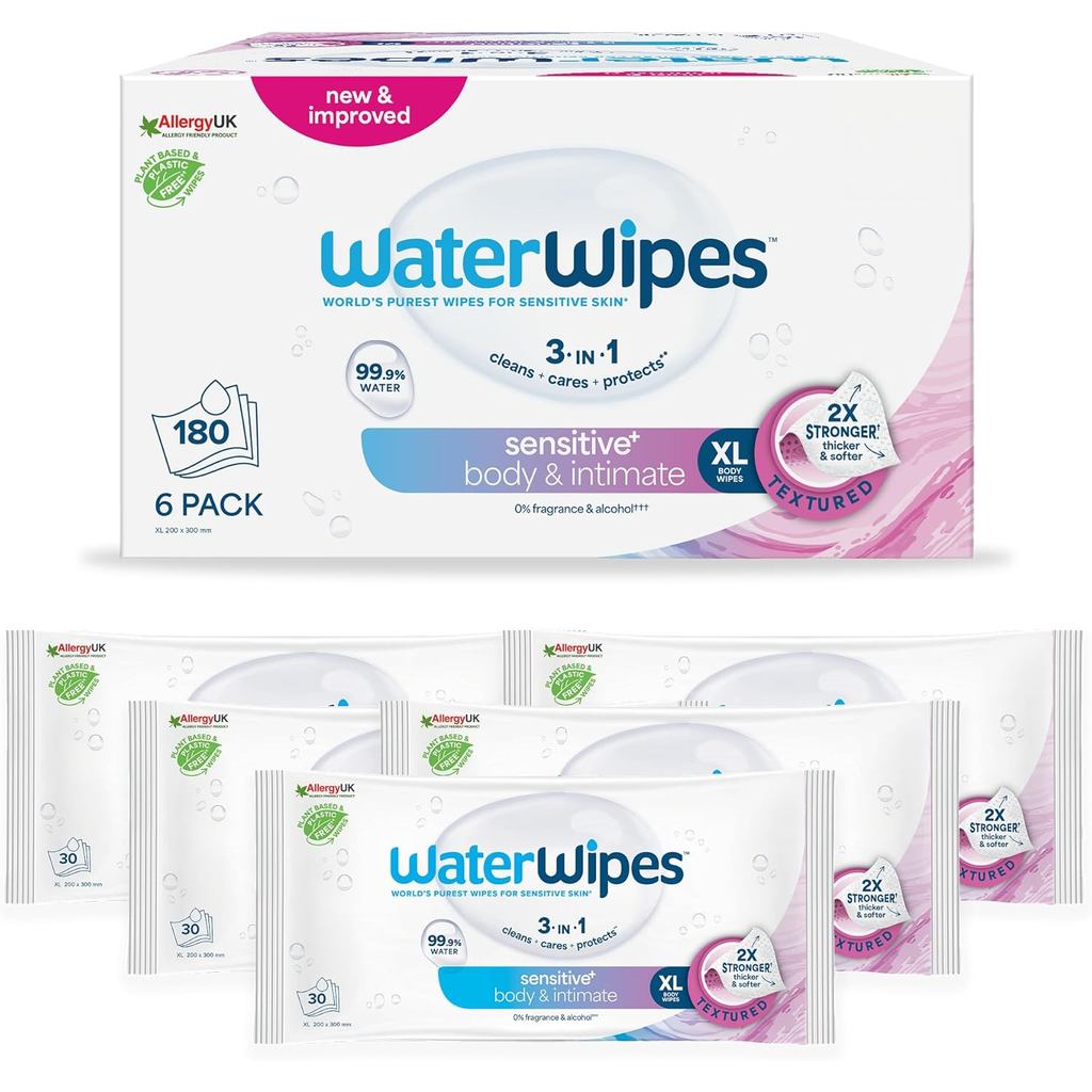 WaterWipes Sensitive+ Body & Intimate Wipes, 180 Wipes (6 Packs), 3-In-1 Cleans, Cares, Protects, 99.9% Water, Unscented & Hygiene Wet Wipes, Adult Care