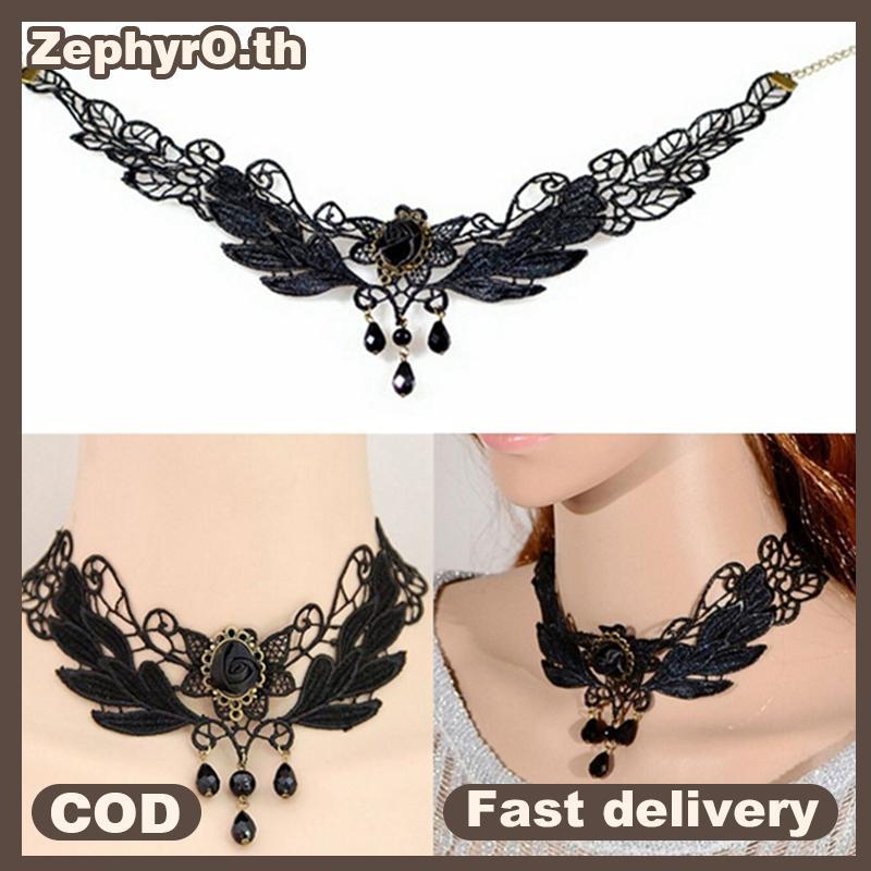 null New Women's Bla Rose Teardrop Bead Pendant Lace Choker Lolita Collar Nelace null