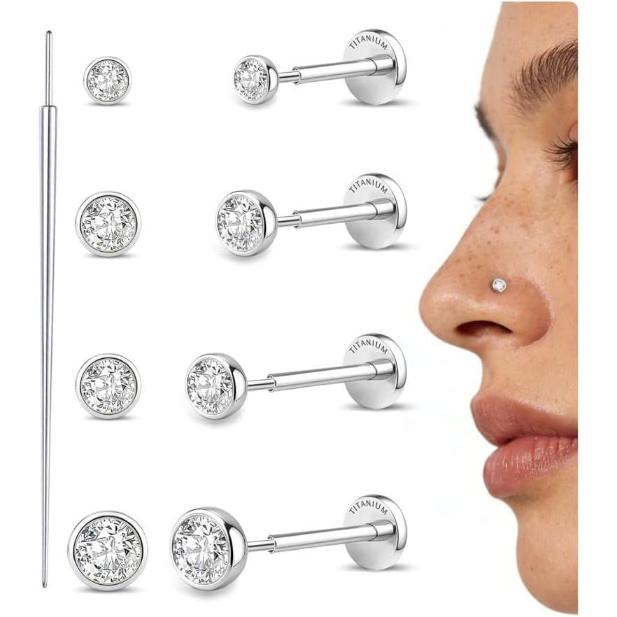 4 Pasang 16G/18G/20G G23 Titanium Implant Grade Nose Studs Tanpa Ulir Anting-Anting Flat Back Hipoalergenik Flatback 5A CZ Cartilage Helix Tragus Conch Perhiasan Tindik Bibir Kecil untuk Wanita