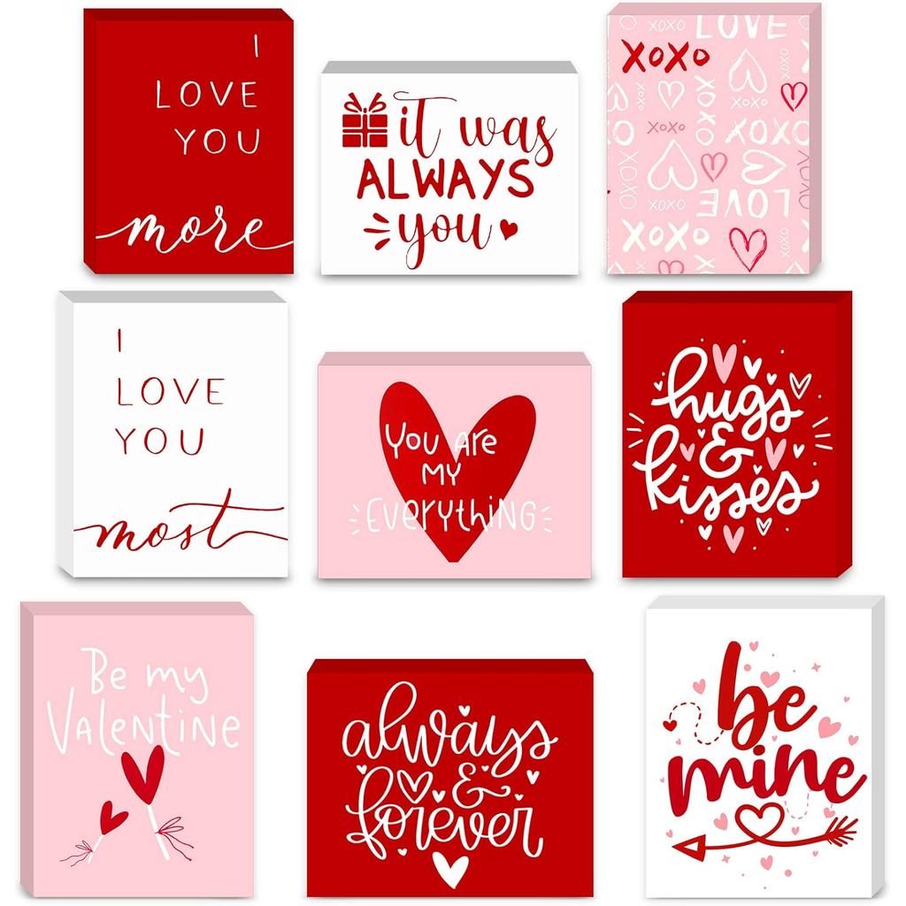 9 Keping Hiasan Kayu Hari Valentine dengan Kata-kata Cinta Merah Merah Jambu Putih, Papan Tanda Kayu Gaya Rustic, Hiasan Papan Tanda Mini Kayu, Hiasan Meja Cinta untuk Rak Rumah