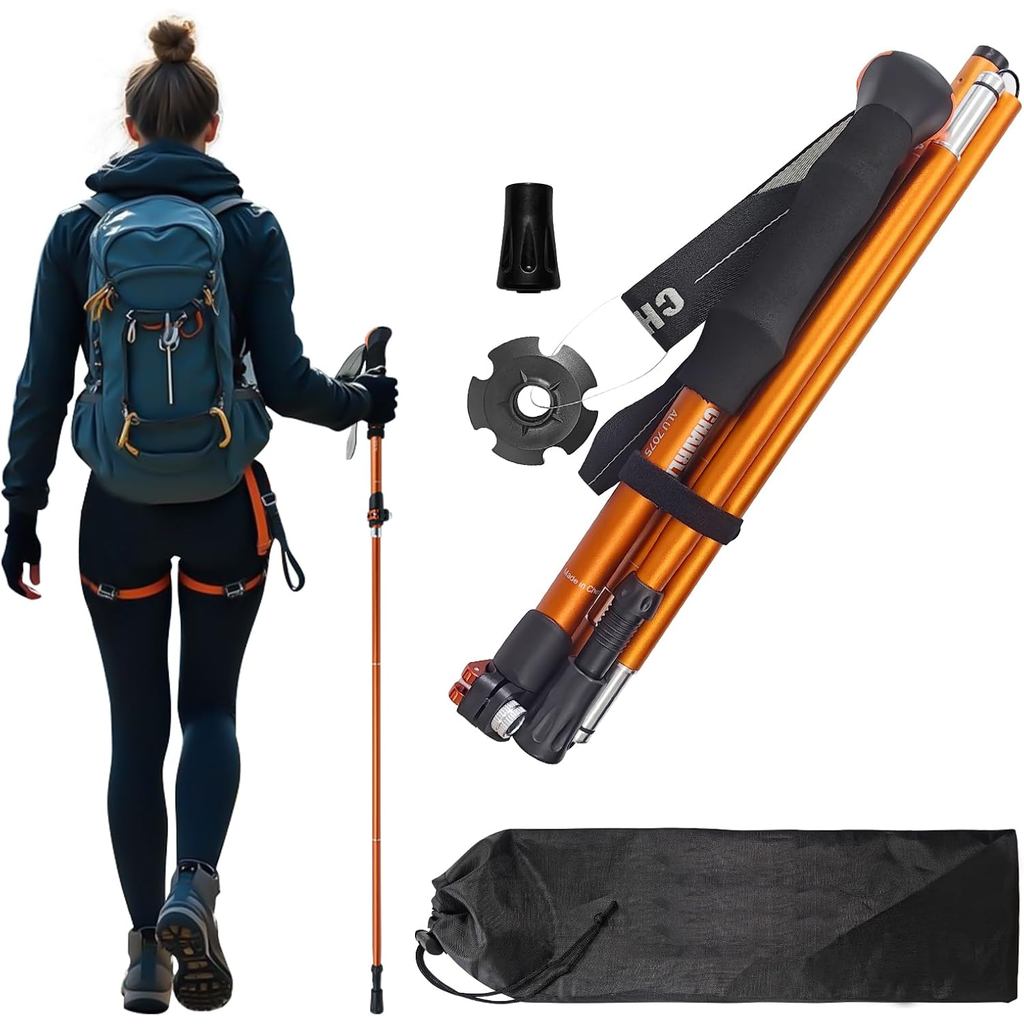 Tongkat Trekking Boleh Dilipat, Aluminium 7075 Boleh Laras 43.3"-51.2", Reka Bentuk Kunci Pantas, Tongkat Berjalan untuk Mendaki/Berkhemah/Perjalanan (Oren Matte)