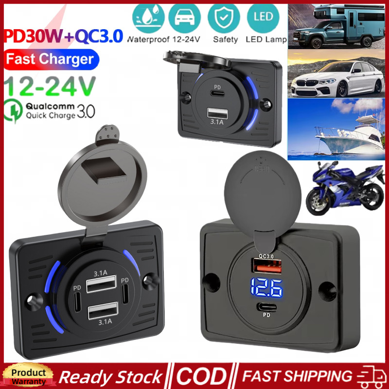 12V/24V QC3.0 USB PD Fast Charger with Cover 4 Ports Car Charger Socket Panel Waterproof Fast Charging USB Charger for Cars Boats Buses and RVS