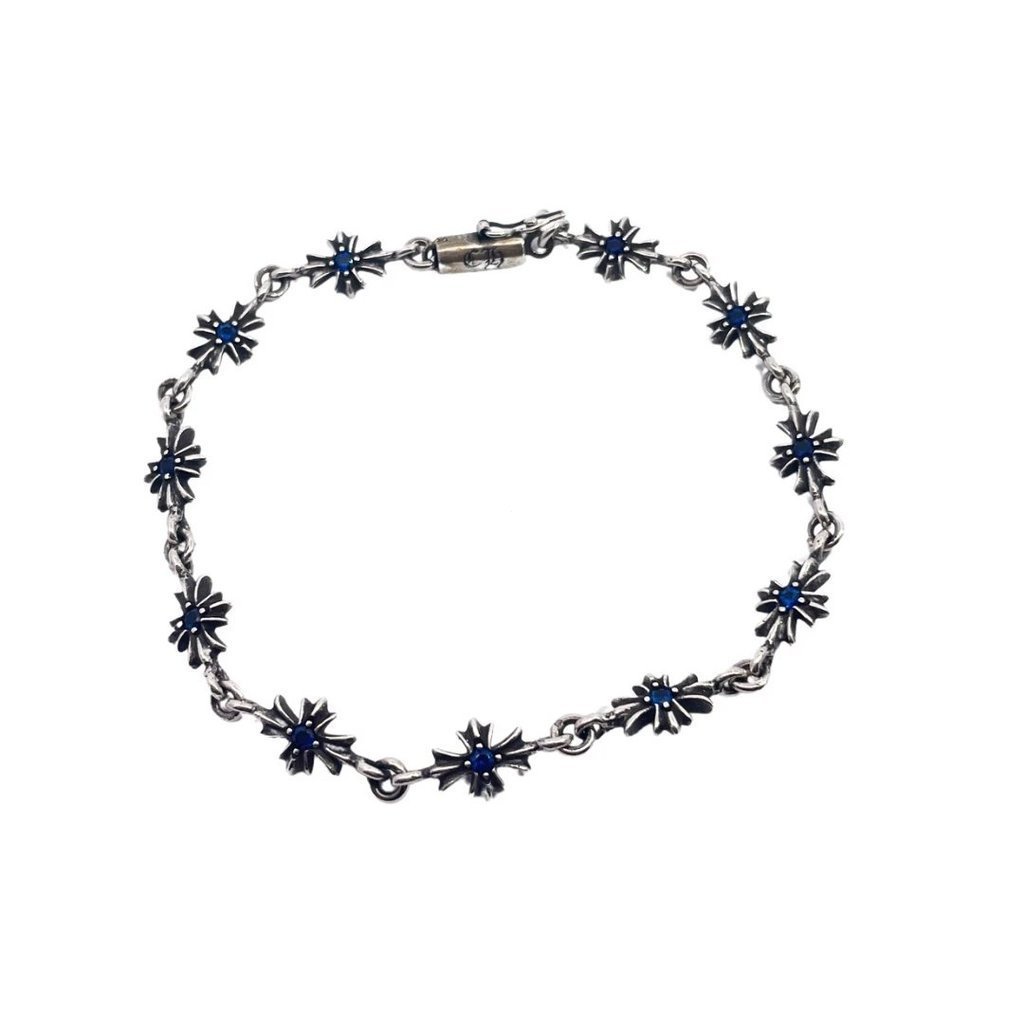Chrome Hearts  Crocin  Blue Diamond Cross Bracelet Retro Distressed  Handcrafted Inlay  Cross flower element  Blue Diamond Fashion Match