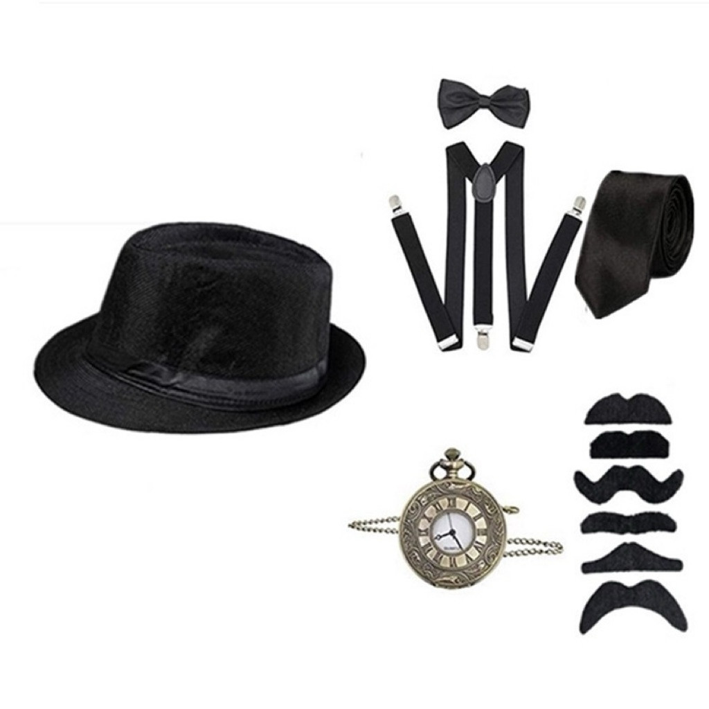 【Ready Stock 】1970s Mafia Costume Accessories Set for Adults Retro Gangster Hat,Tie, Mustache Kit,Po