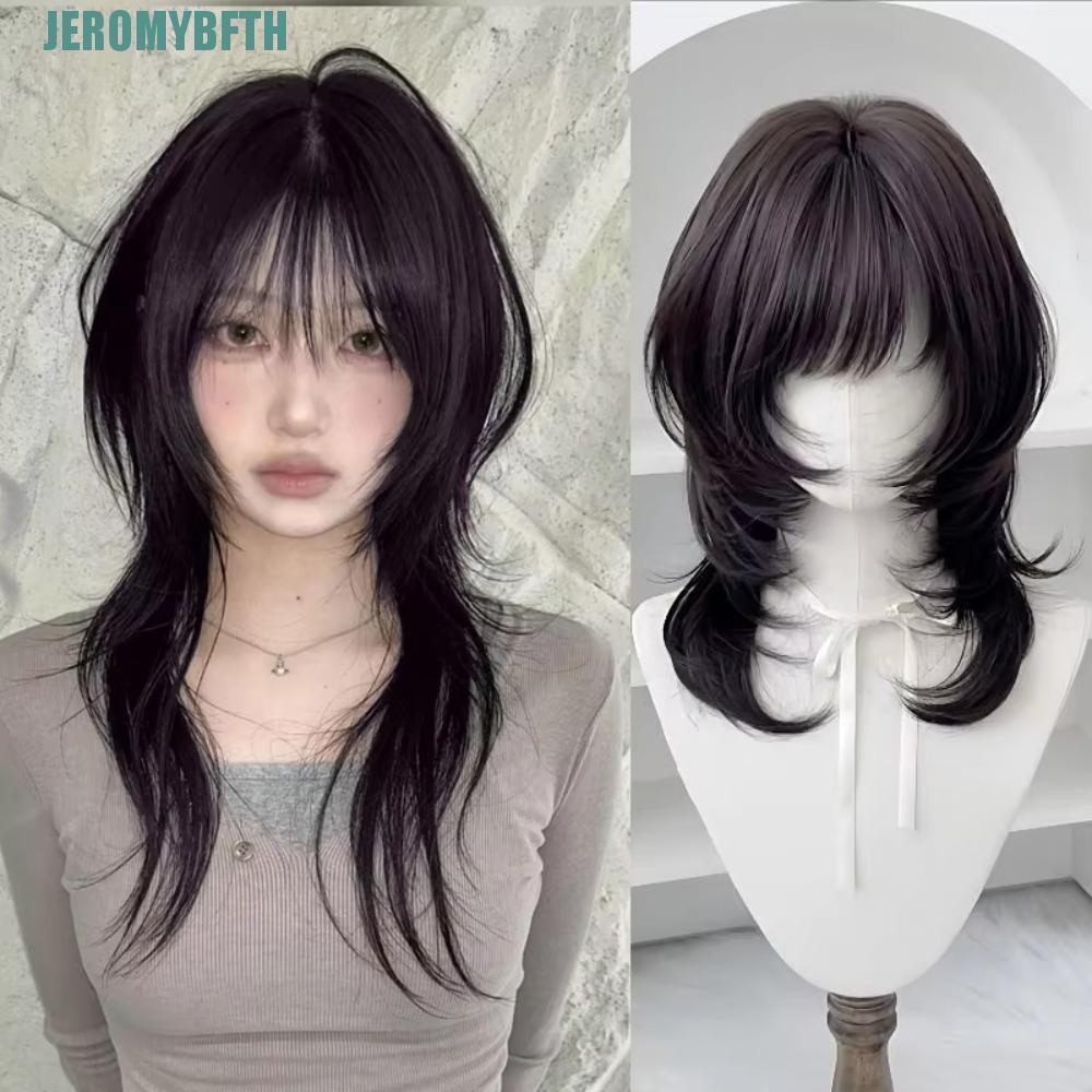JEROMYBF Medium Straight Layered Wig, Hairpiece Synthetic Jellyfish Wig with Bangs, Cute Brown Black Mullet Haircut Wolf Cut Cosplay Lolita Wigs Halloween