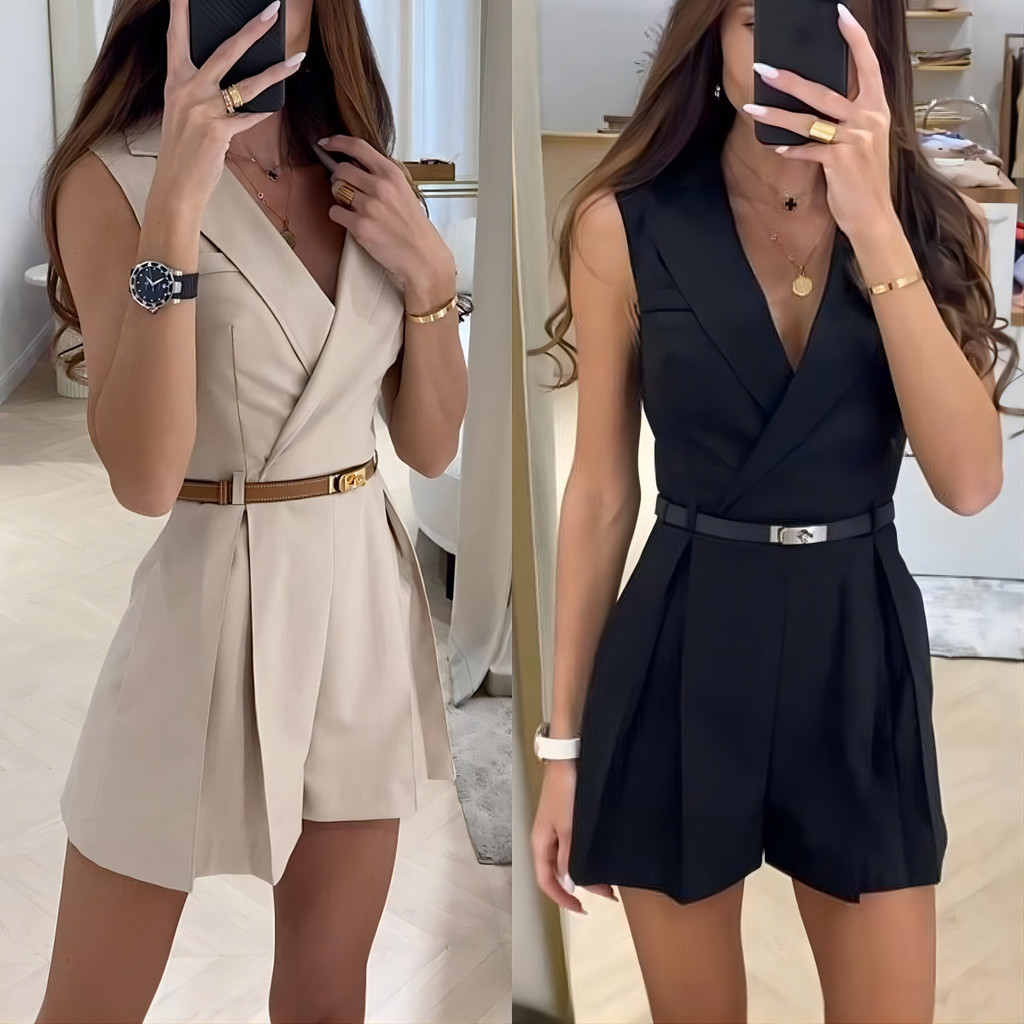 Women's Sleeveless Blazer Romper | V-Neck Wrap Pleated Short Jumpsuit with Belt | Elegant Office & Casual Wear 
