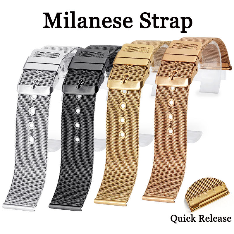 Ultra-Thin 0.4mm Milanese Mesh Watch Strap for Omega Seamaster 007 304 Stainless Steel Watch Band Quick Release Bracelet 18mm 20mm 22mm 24mm Universal Wristband Metal Wrist Belt