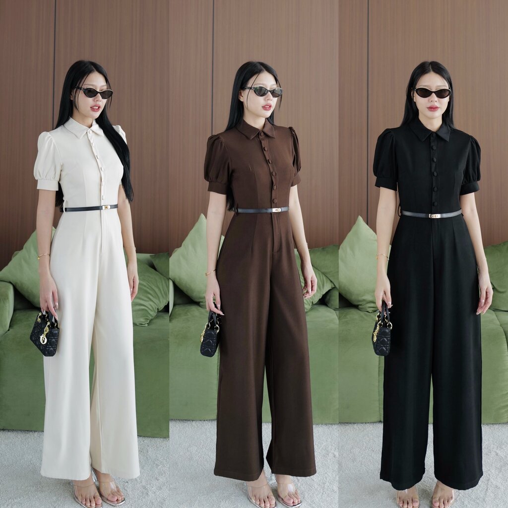️ 5881 EVE Long Jumpsuit With Doll Sleeves And Front Buttons + Belt Simple But Very Beautiful. Thick Fabric Jumpsuit Woman