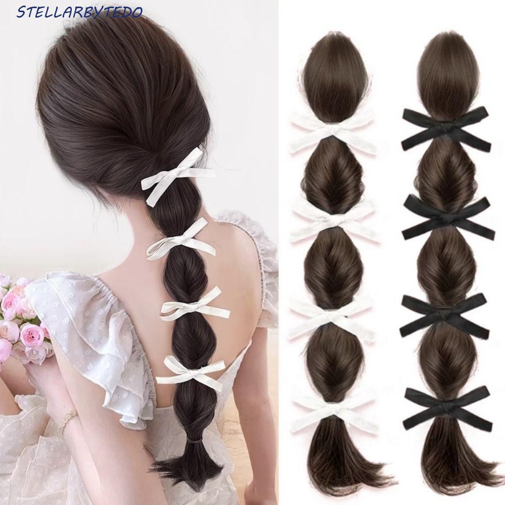 STELLARBYTE Bow Braided Bubble Braids Wig, 40cm Synthetic Twisted Ponytail Hair Extension, Heat Resistant Fiber Hair Band Black Brown Fluffy Ponytail Hairpieces Ladies