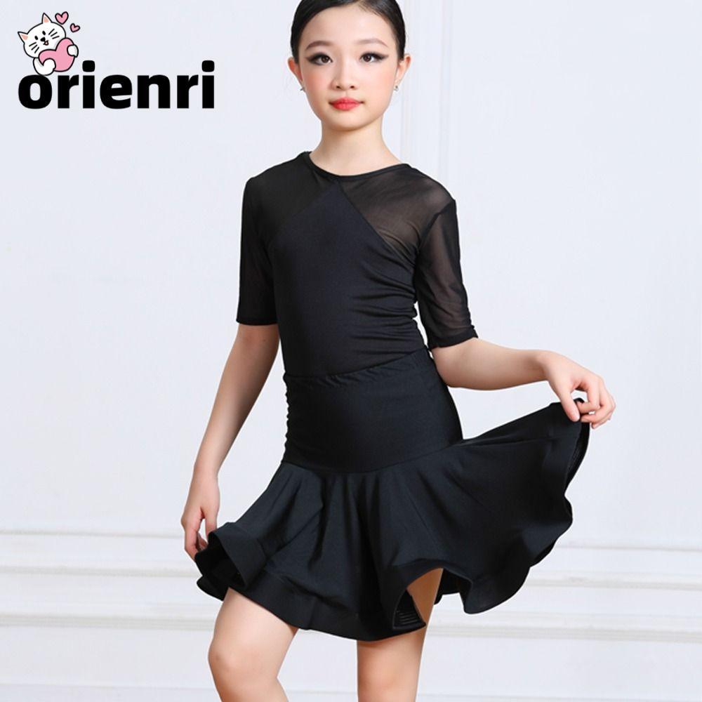 ORIENRI Kids Latin Dance Dress, Black Professional Practice Dresses, Fashion Chacha Dance Stage Costume Competition Performance Dress for Kids