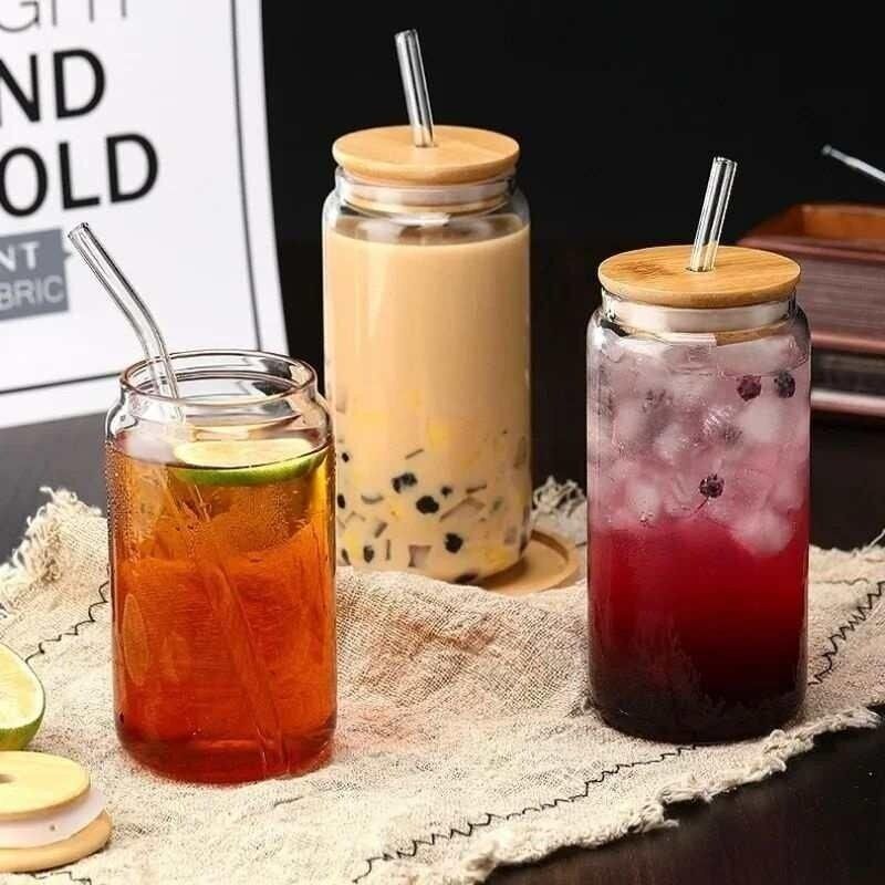 Drinking Glasses with Bamboo Lids and Glass Straw Coffee&Juice&Milk Cup Cawan GelasCola Mug Cup Set
