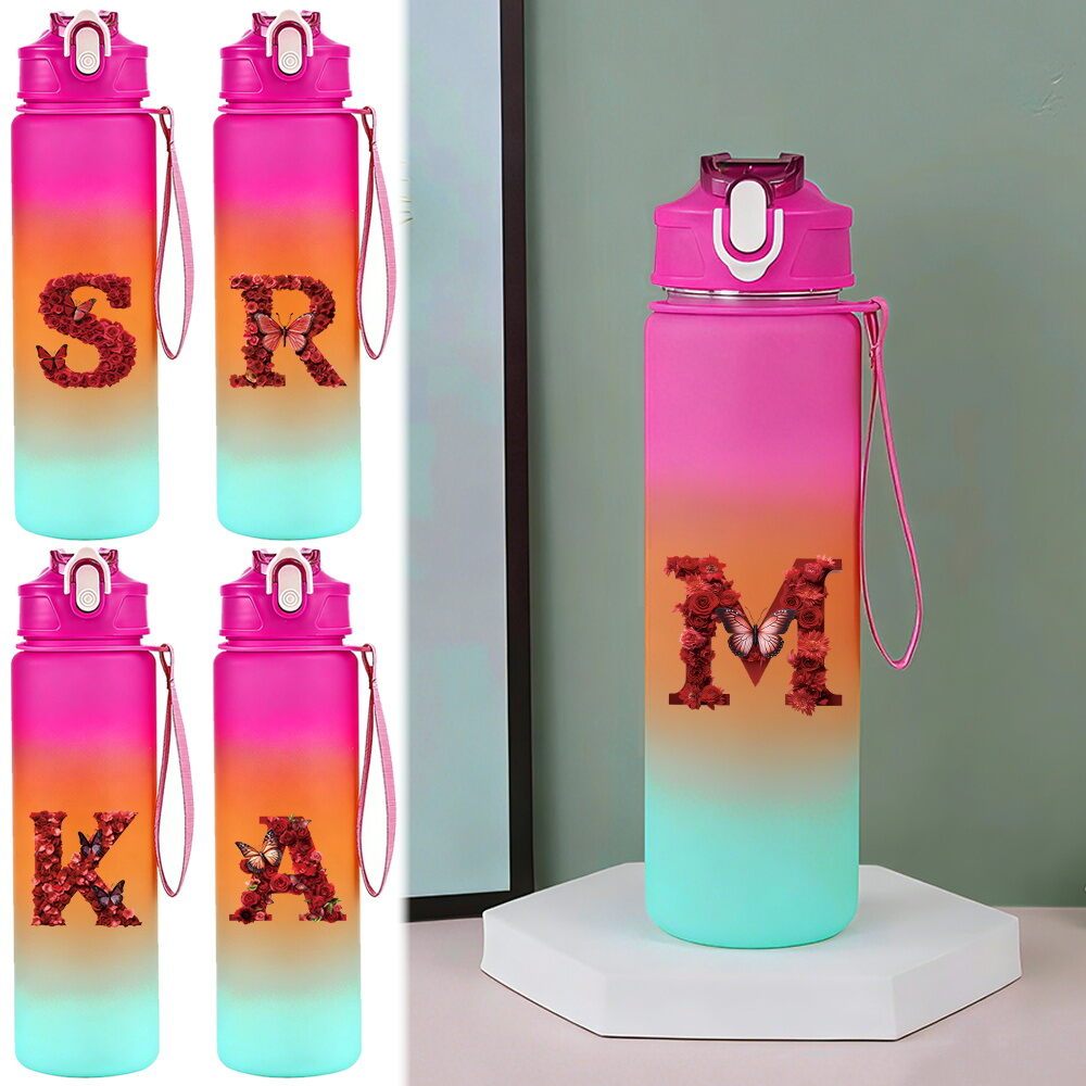 Portable Handle Fashion Versatile 750ml Gradient Water Bottle with Straw Leak-proof Moderate Capacity Red Rose series