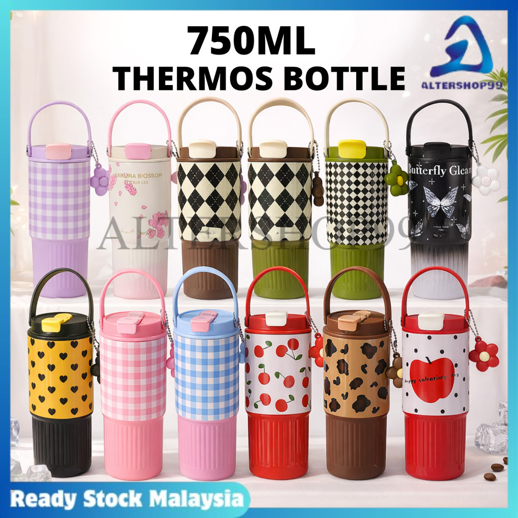 【Recommend】750ML Portable Cute Thermos Bottle for Women With Straw & Handle Vacuum Insulated Stainless Steel