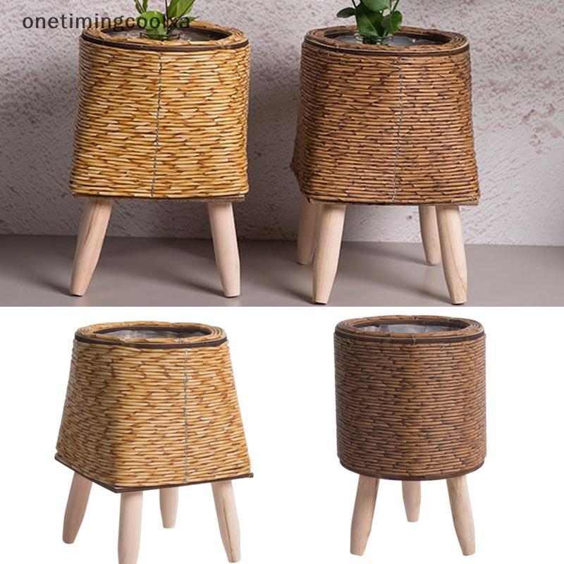 null Imitation Rattan Woven Flower Shelf Planters Handmade Storage Basket With Removable Wooden Legs Plant Pot Stand Holder null