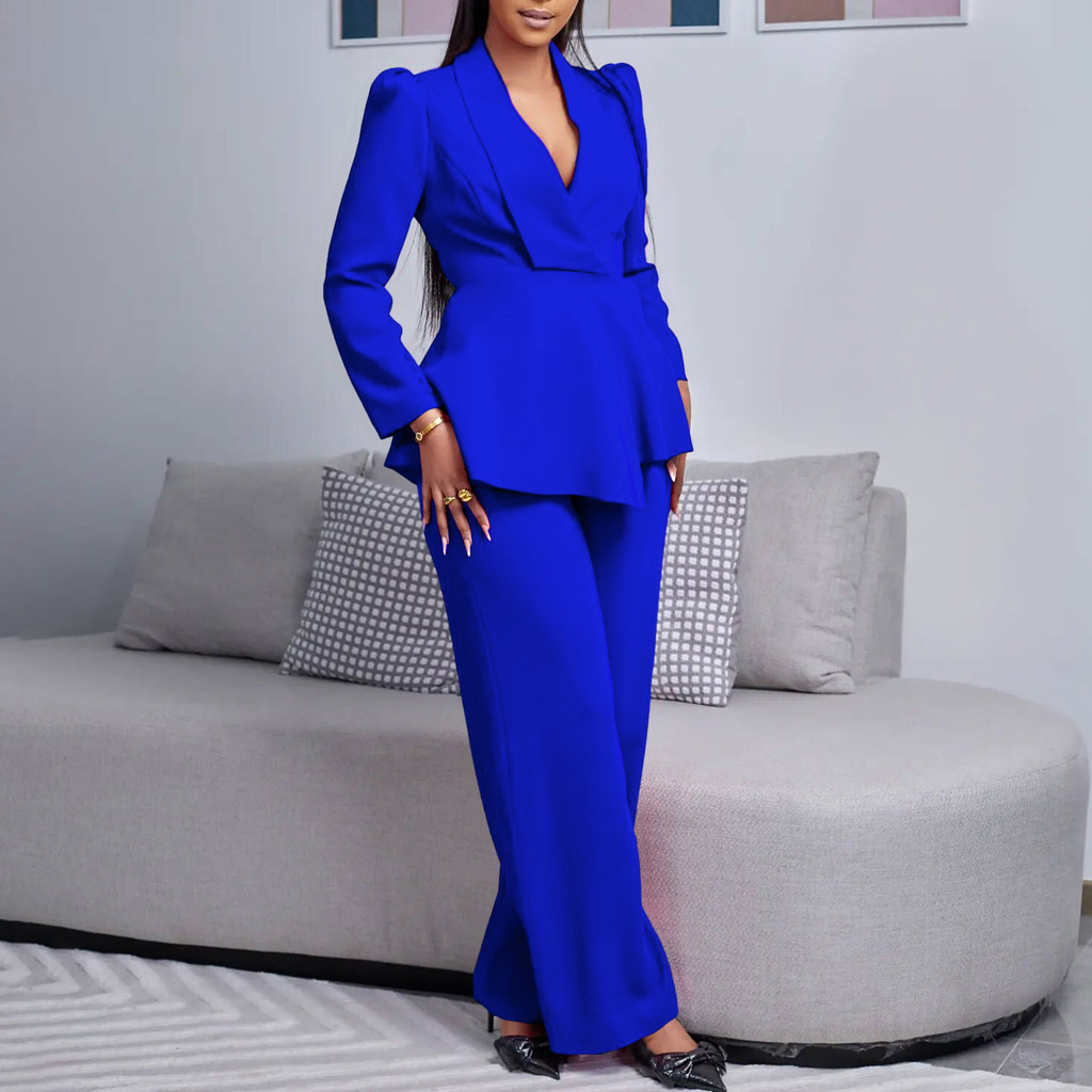Popular Fashionable Trousers Suit Temperament Elegant Ruffled Long-Sleeved Top Wide-Leg Pants Suit Women