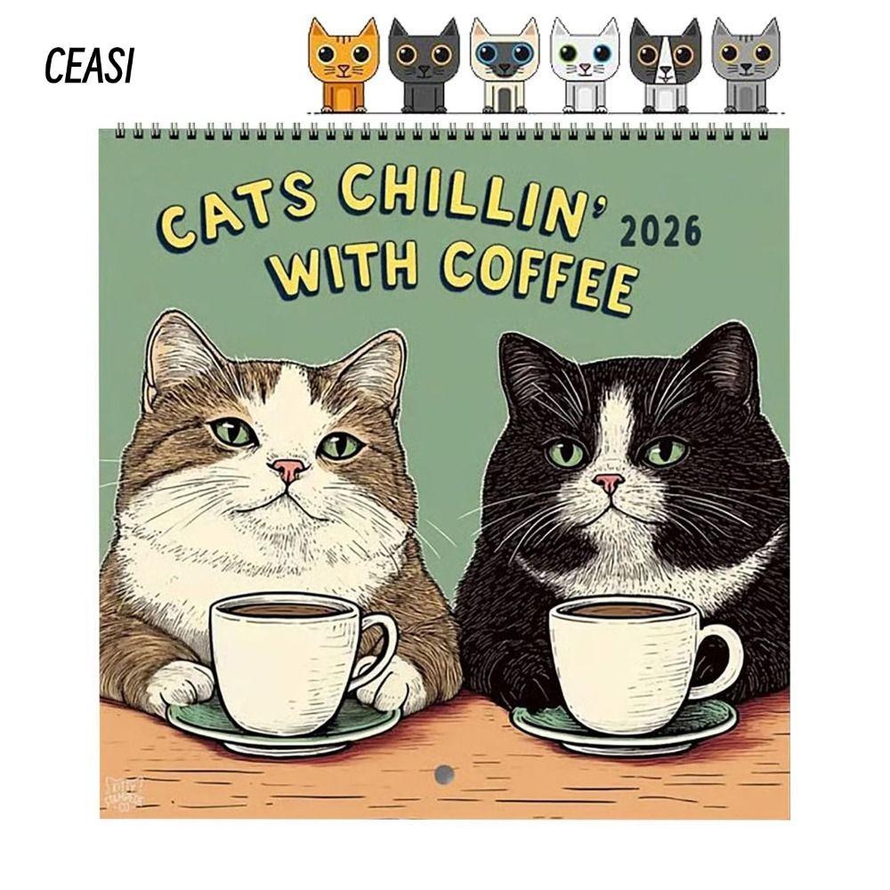 CEASI Cat Cafe Calendar, Handmade Family Planner 2026 Calendar, Creative 12 Monthly Thick Paper Wall Calendar Home Decor