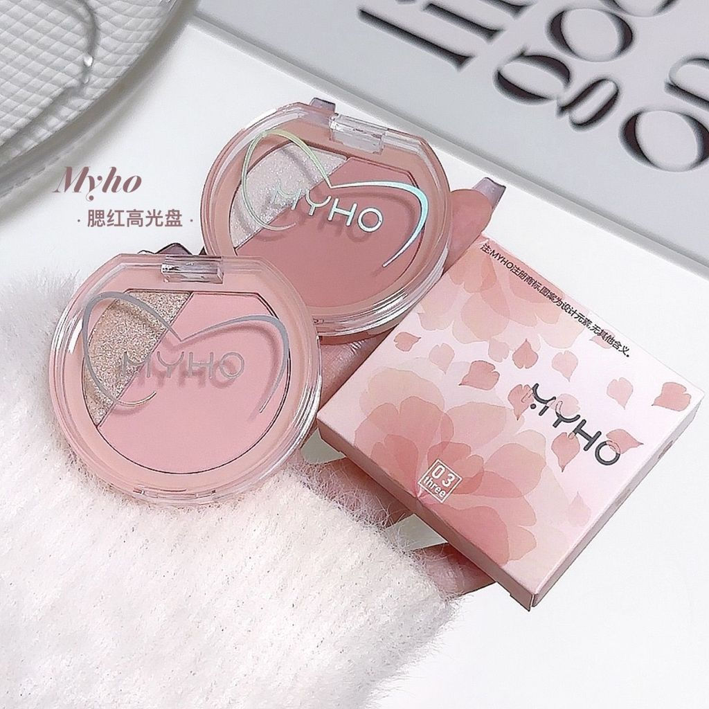 New Product#MYHO韩系双拼腮红蜜桃色哑光珠光脸部提亮胭脂高光双色腮红新手党12Y