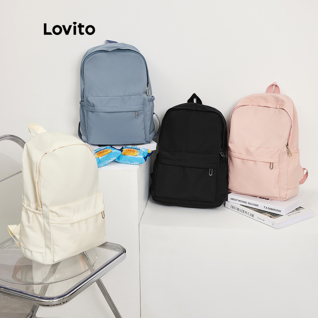 Lovito Preppy Backpack Plain Colorblock Double Shoulder Strap Multi-pocketed Backpacks for Women L41BA05 (White/Pink/Blue/Black)