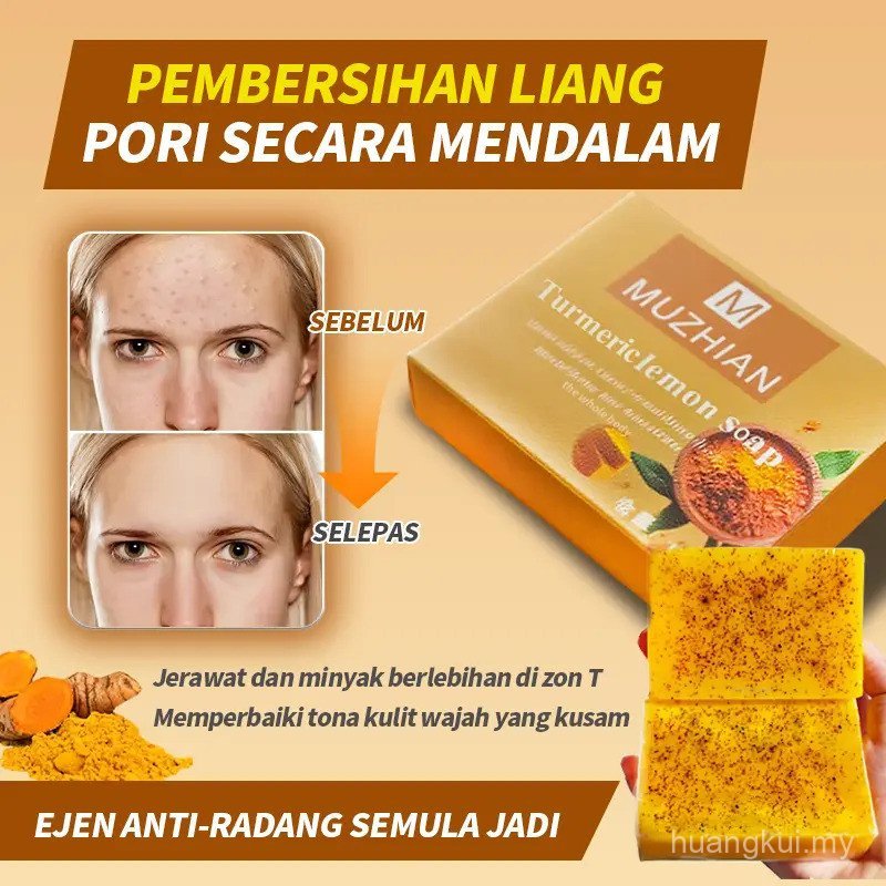 MUZHIAN Sabun Asid Kojic Turmerik Lemon, Sabun Pencerah, Menghilangkan Bintik Gelap, Penjagaan Badan, Pencuci Badan, Organik Tanpa Cacat, Sabun KojicAcid, A3