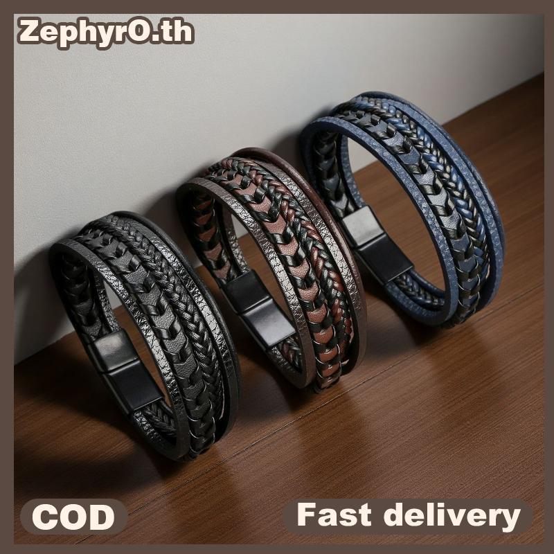 null Trendy Men's Accessories Alloy Magnetic Bule Multi Layer Retro Leather Rope Braided Bracelet Bracelet Fashion Dressing null