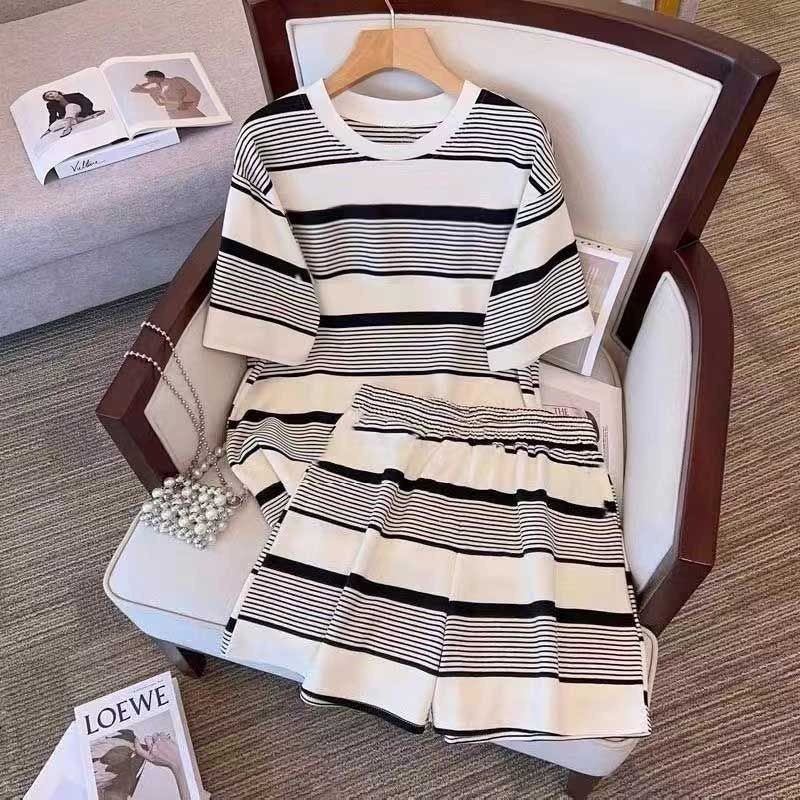 Casual Ice Silk Pyjama Set - Summer Stripe Short Sleeves