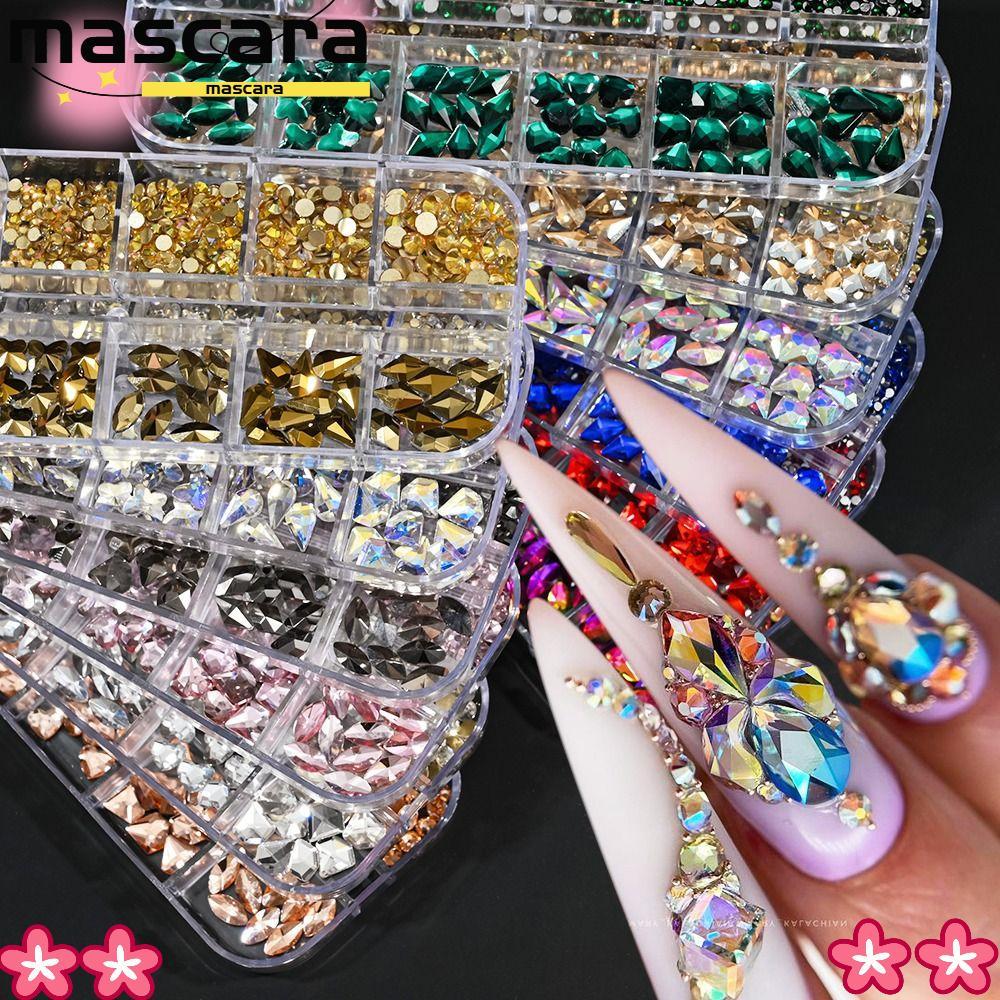 MARA  Nail Art Rhinestones, Five-pointed Star/Heart 12 Grids Nail Art Charms,  Square Rhombus Flat Bottom Mixed-Shapes Nail Art Decoration Manicure Accessory