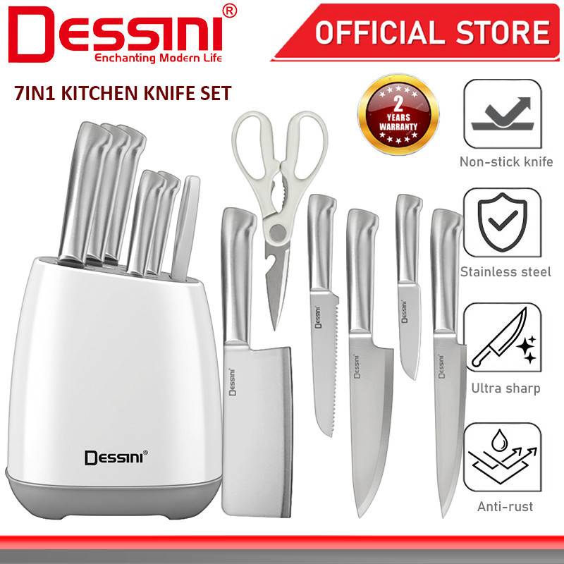 DESSINI ITALY 7 PCS Stainless Steel Kitchen Knife Cleaver Scissor Cutting Storage Holder Cutlery Organizer Pisau Gunting