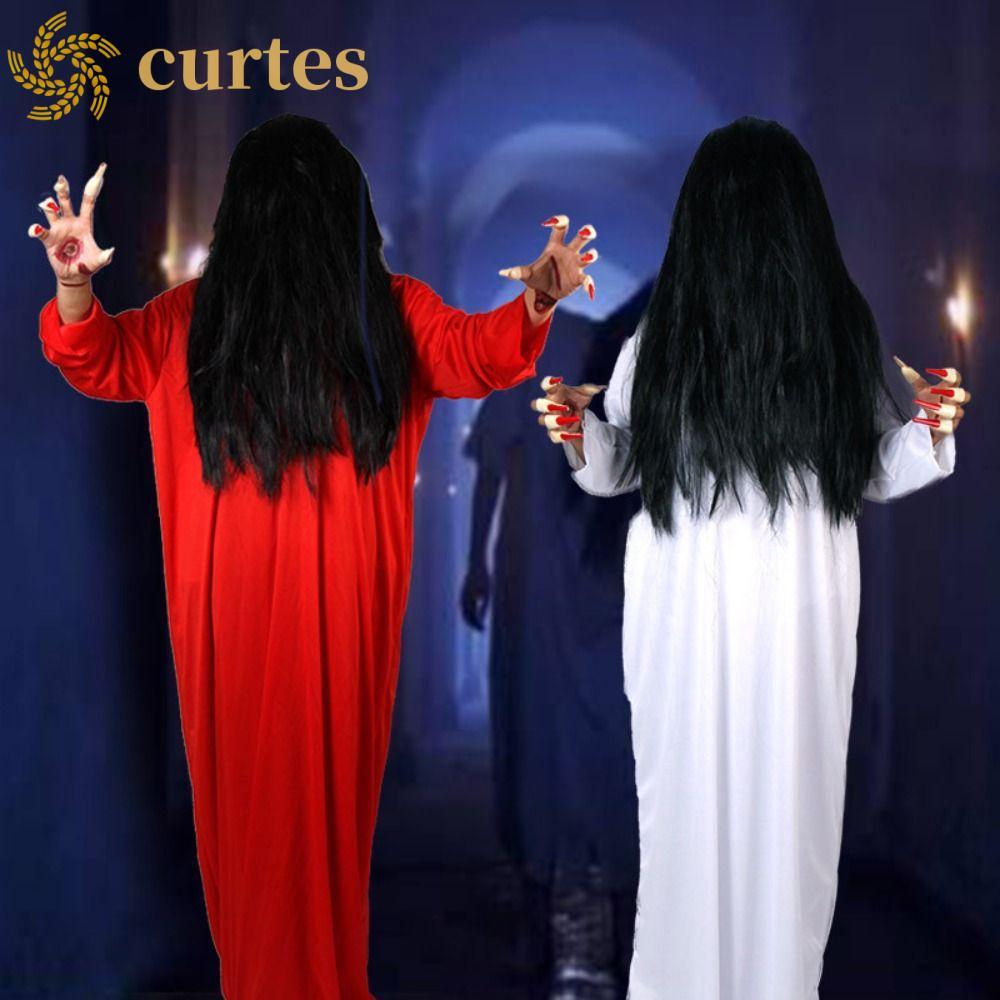 CURTES Female Ghost Costume, White Red Sadako Halloween Costumes, Funny Scary Horror Haunted House Masquerade Clothes All Saints' Day