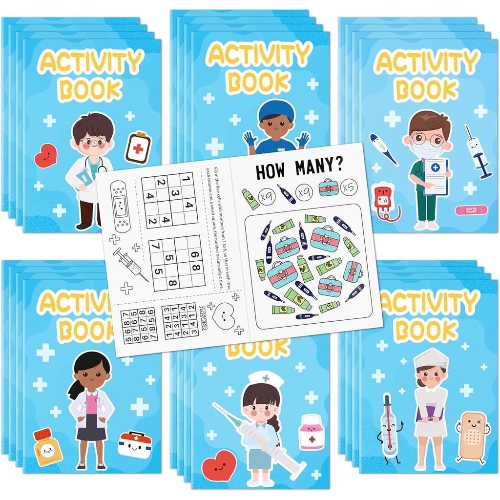 Buku Aktiviti Perubatan Pukal untuk Kanak-Kanak - Set Buku Mewarna Mini Tema Doktor dan Jururawat 24 Keping Termasuk Buku Mewarna Perubatan, Labirin, Permainan Mencari Kata, dan Permainan Menyusun Kata untuk Aktiviti di Bilik Darjah
