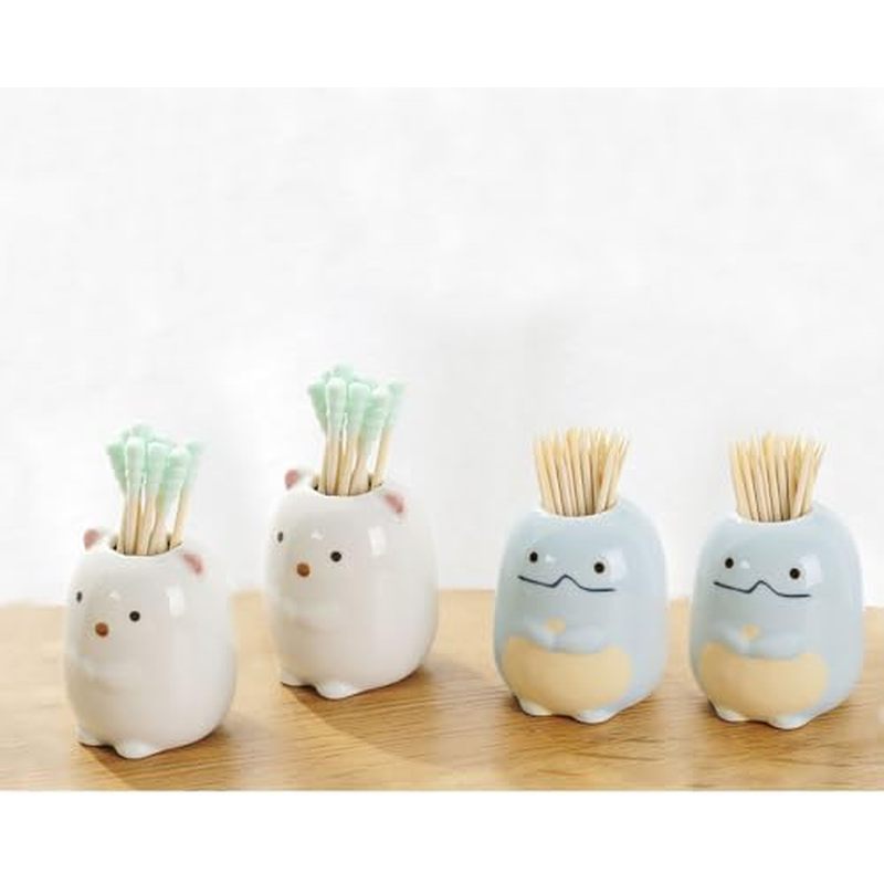 Mini Ceramic Toothbrush Holder Set of 4 Cute Animal Design (Dinosaur &amp;   Bear), Small Bathroom Storage Organizer for Toothbrush, Cotton Swabs, Toothpicks