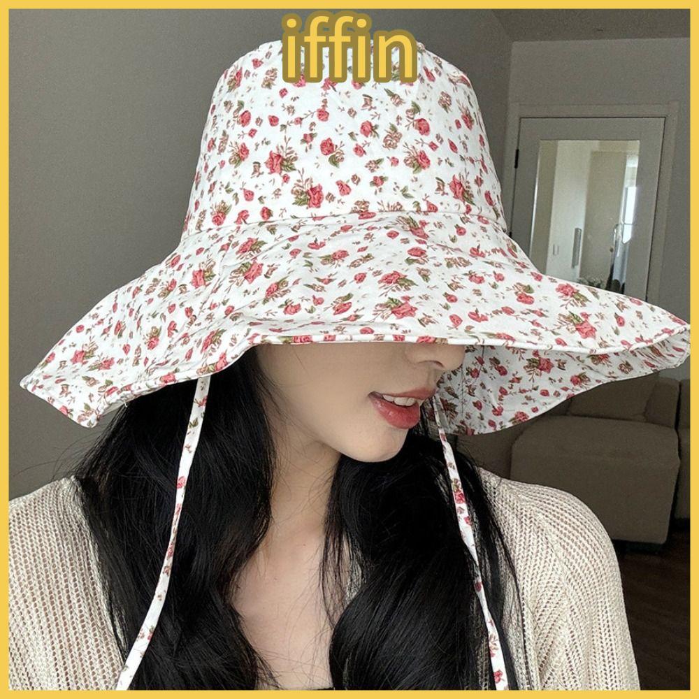 IFFIN Fisherman Hat, Floral Large Brim Sunshade Hat, Fashion Adjustable Foldable Sun Protection Sunscreen Hat Seaside