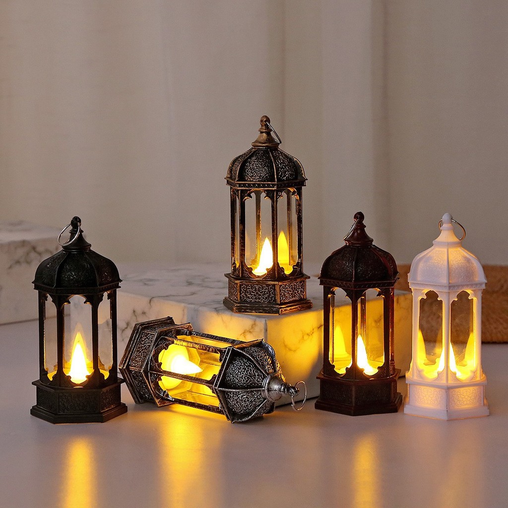 Ramadan Decoration Items Oil Lamp Retro Glowing Hexagonal Electronic Candle Lantern Desktop Decor LED Candle Wind Light Table Ornament