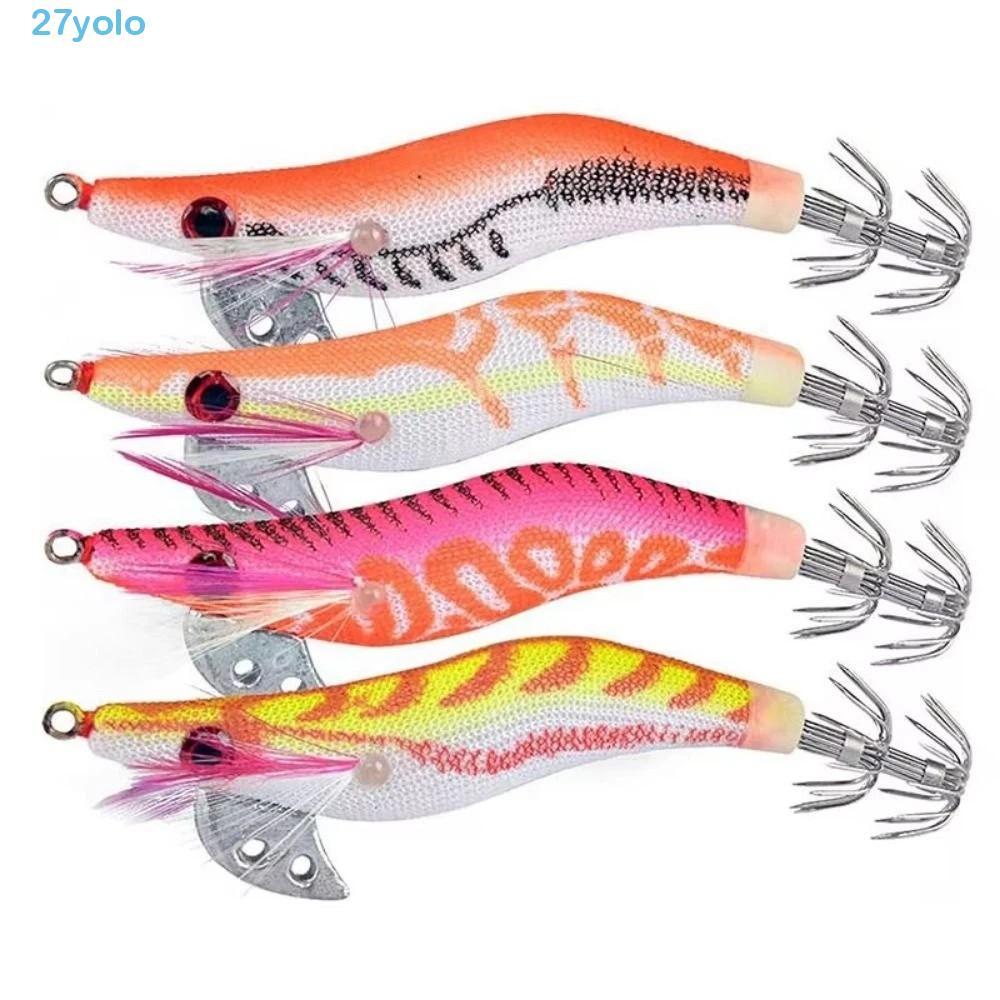 YOLO 4/5Pcs Artificial Fishing Lures, Colorful 3D Eyes Luminous Squid Fishing Lure, Fishing Lure Ultra-Realistic Soft-footed Durable Wooden Shrimp Bait Fishing Accessories