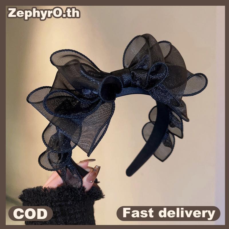 null Fashion Korea Retro Bla Mesh Big Bow  Hair Accessories Women Originality Ruffled Edge Stylist Accessories Hair Hoop null