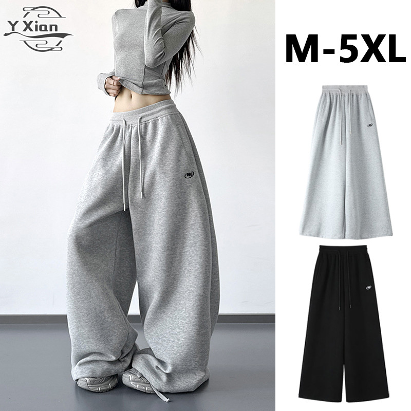 Ready Stock Seluar Baggy Perempuan Retro Seluar Perempuan Baggy Tracksuit Women Pants Women Straight Cut Pants Women Loose Seluar Sukan Perempuan Solid Color Celana Panjang Wanita Plus Size Baggy Sweatpants M-5XL