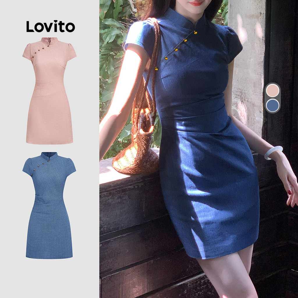 Lovito Casual Dress New Chinese Style Cheongsam Qipao Spring/summer Dark Blue Dress for Women LK2AD1096 Lovito Pakaian Kasual Gaya Cheongsam Baru Musim Bunga/musim Panas Biru Gelap LK2AD1096